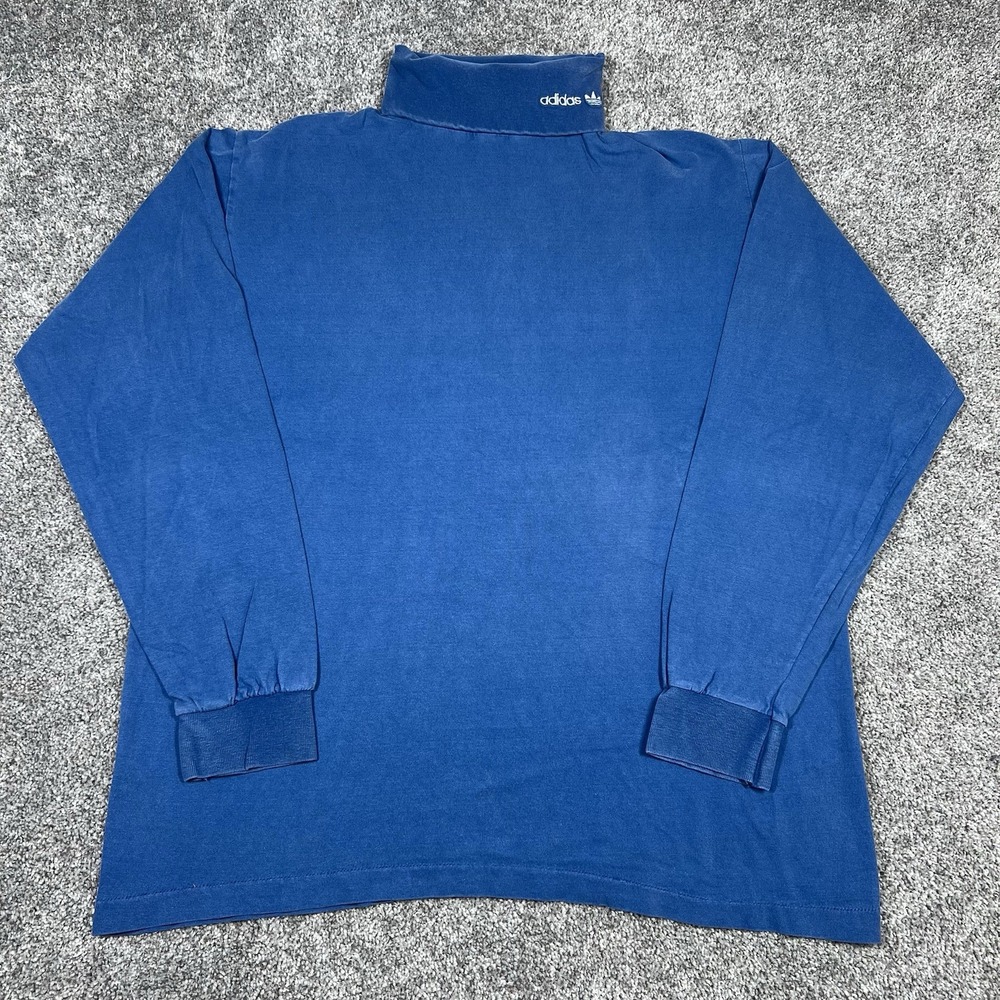 VTG 80s Adidas Trefoil Turtleneck LS Shirt XL Faded Blue Made in USA Distressed